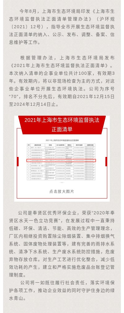 【阿波羅新聞】公司列入《2021年上海市生態環境監督執法正面清單》